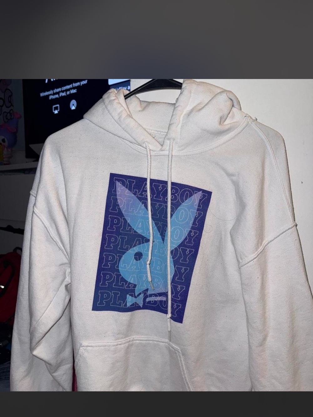 PLAYBOY Cream Hoodie with Blue Graphic Bunny